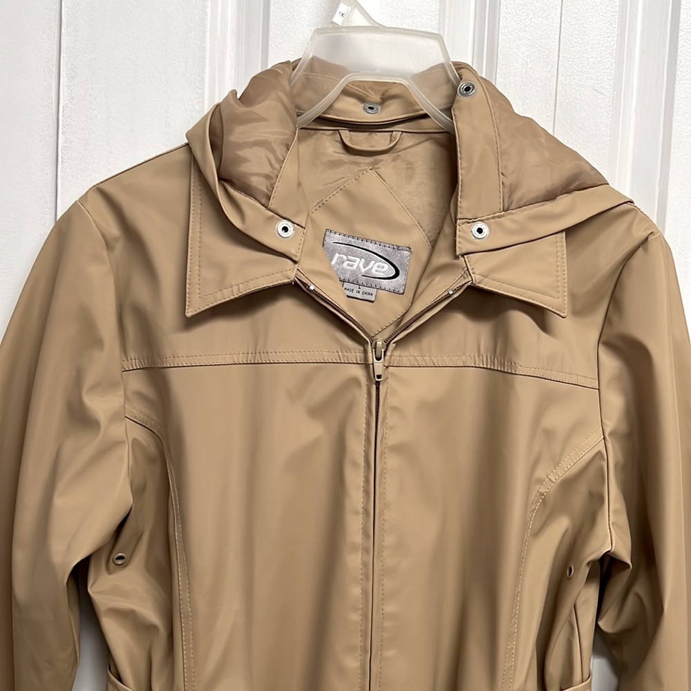 Vintage Rave Tan Zip Up Hooded Pocket Belted Raincoat size L - Picture 2 of 7